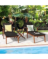 Costway 3PCS Patio Rattan Lounge Chair Chaise Set Wooden Frame Folding Table