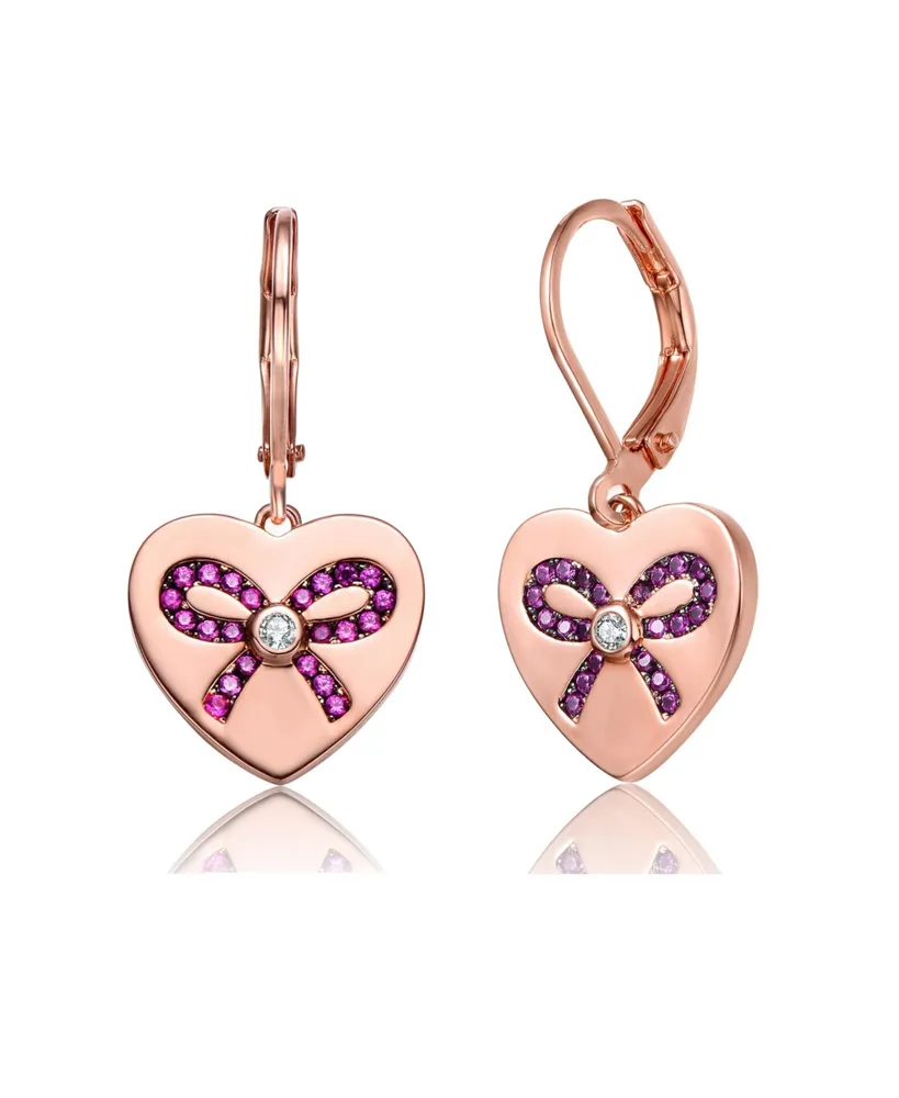 Genevive Sterling Silver with Pink Bow Heart Cubic Zirconia Leverback Earrings