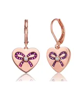 Genevive Sterling Silver with Pink Bow Heart Cubic Zirconia Leverback Earrings