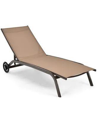 Costway Patio Lounge Chair Chaise Adjustable Back Recliner Garden W/Wheel
