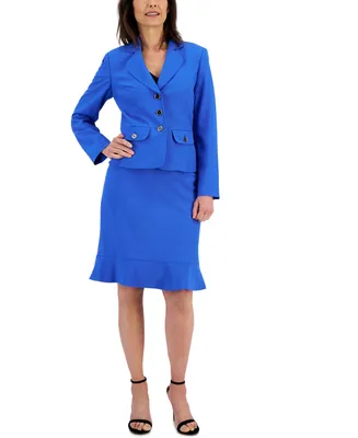 Le Suit Three-Button Jacket & Flounce-Hem Skirt, Regular Petite