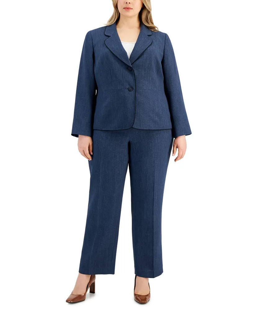 Le Suit Plus Framed Twill Two-Button Pantsuit