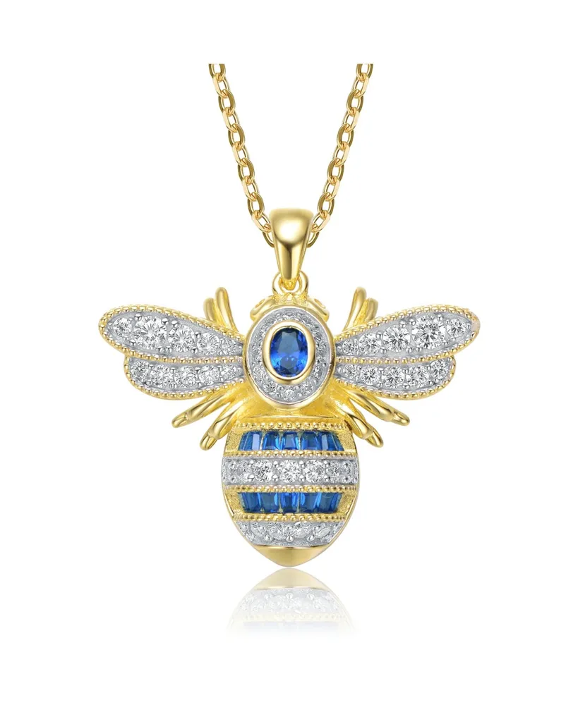 Genevive Sterling Silver 14k Yellow Gold Plated with Blue Cubic Zirconia Pave Wasp Pendant Necklace