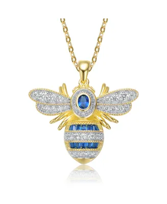 Genevive Sterling Silver 14k Yellow Gold Plated with Sapphire Cubic Zirconia Pave Wasp Pendant Necklace