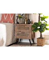 Baxton Studio Calida Mid-Century Modern 22.8" Whitewashed Finished Wood and Rattan 2-Drawer Nightstand