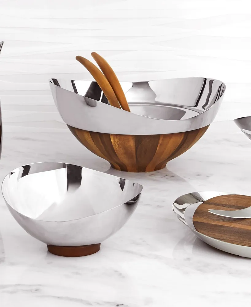 Nambe Pulse 3 Piece Stainless 12" Salad Bowl with Servers