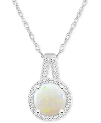 Opal (3/4 ct. t.w.) & Diamond (1/6 ct. t.w.) Halo 18" Pendant Necklace in Sterling Silver