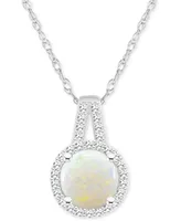 Opal (3/4 ct. t.w.) & Diamond (1/6 ct. t.w.) Halo 18" Pendant Necklace in Sterling Silver