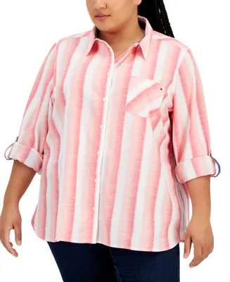 Tommy Hilfiger Plus Cotton Button-Front Roll-Tab Shirt