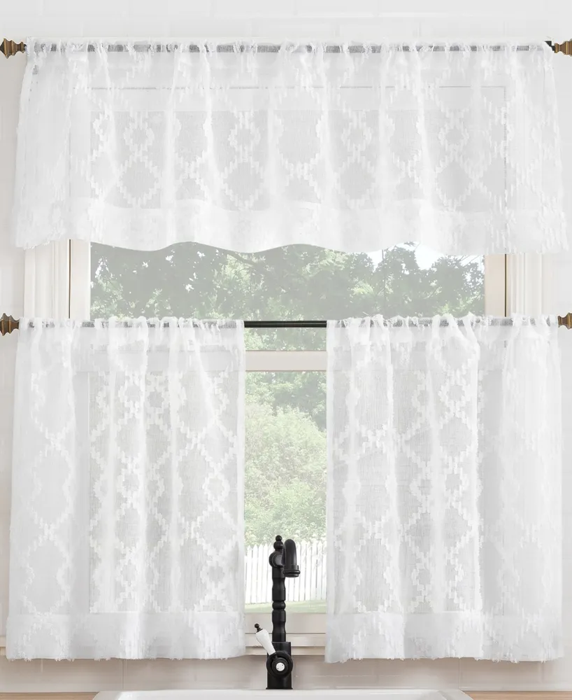 No. 918 Tina Geometric Clipped Semi-Sheer Rod Pocket Kitchen Curtain Valance and Tiers Set of 3, 54" x 36"