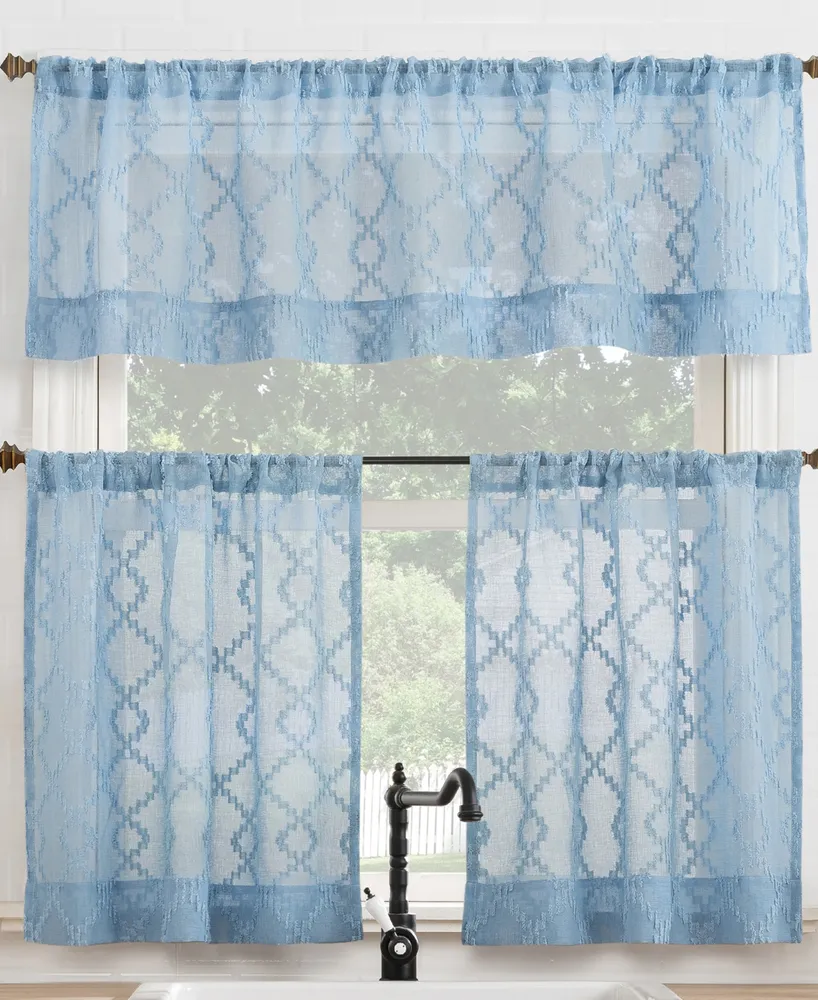 No. 918 Tina Geometric Clipped Semi-Sheer Rod Pocket Kitchen Curtain Valance and Tiers Set of 3, 54" x 36"