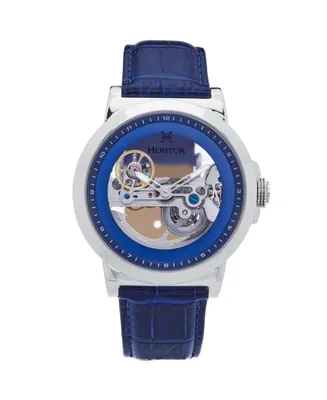 Heritor Automatic Men Xander Leather Watch - Silver/Blue, 45mm