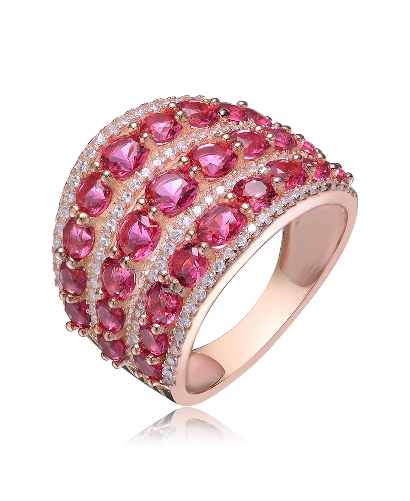 Genevive Red Round Shaped Cubic Zirconia Stone 18K Rose Gold Plated Sterling Silver Ring