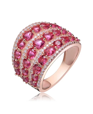 Genevive Red Round Shaped Cubic Zirconia Stone 18K Rose Gold Plated Sterling Silver Ring