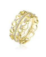 Genevive Sterling Silver 14K Gold Plated Clear Cubic Zirconia Wide Band Ring