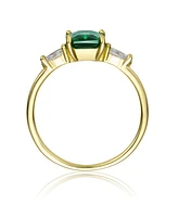 Genevive Sterling Silver 14k Yellow Gold Plated with Green & Cubic Zirconia 3-Stone Statement Ring