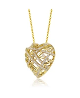 Genevive Sterling Silver 14k Yellow Gold Plated with Cubic Zirconia Knotted Ribbon 3D Puffed Heart Pendant Necklace