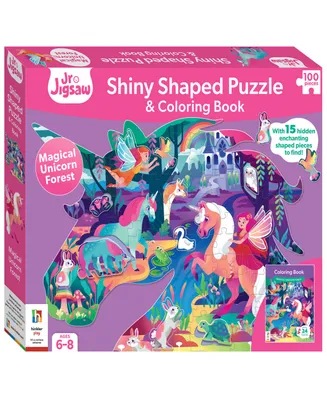 Jr. Jigsaw 100-Piece Jigsaw Puzzle Magical Unicorn Forest Shiny Shaped Puzzle Coloring Book 19.3" x 14.2" Fantasy Themed Jigsaw Unicorns And Fairies,