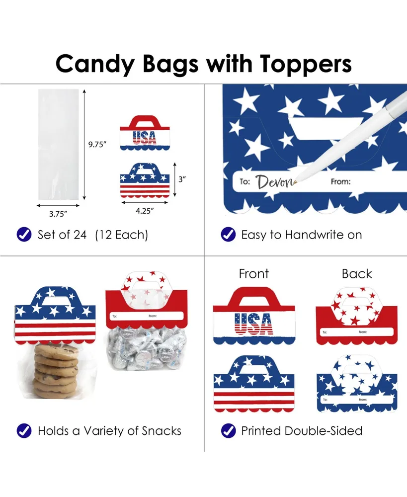 Stars & Stripes Diy Patriotic Party Goodie Candy Bags with Toppers 24 Ct - Assorted Pre