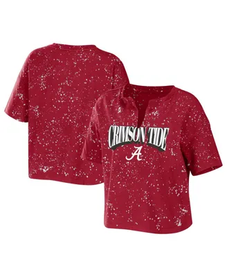 Women's Wear by Erin Andrews Crimson Alabama Tide Bleach Wash Splatter Notch Neck T-shirt