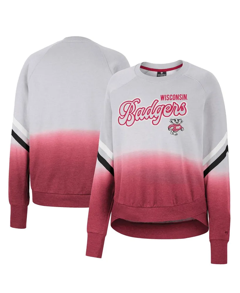 Women's Colosseum Gray Wisconsin Badgers Cue Cards Dip-Dye Raglan Pullover Sweatshirt