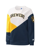 Women's Starter White, Navy Milwaukee Brewers Shutout Pullover Sweatshirt
