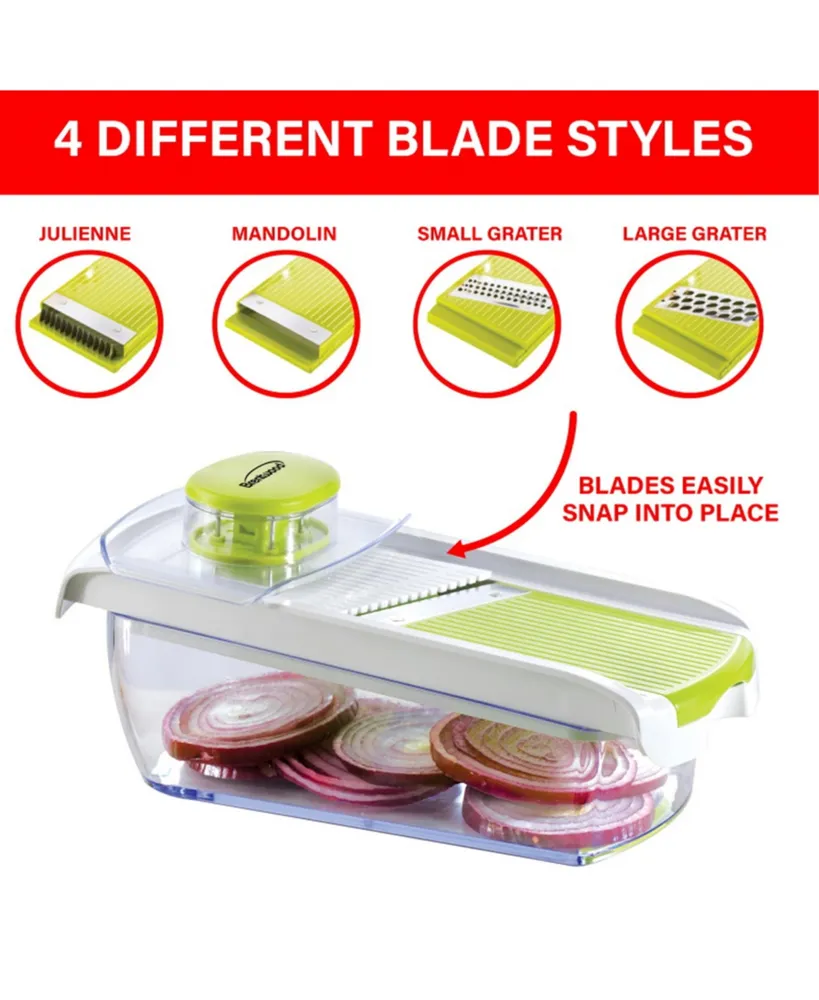 Brentwood Mandolin Slicer with 5 Cup Storage Container and 4 Interchangeable Stainless Steel Blades in Green