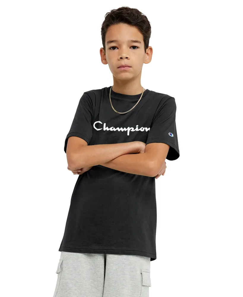 Champion Boys Short Sleeve Logo Tee Shirt, Bozzetto Blue Script, 4