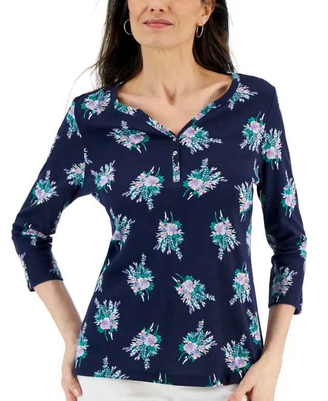 Karen Scott Women's Short-Sleeve Floral-Print Henley Top, Created for Macy's