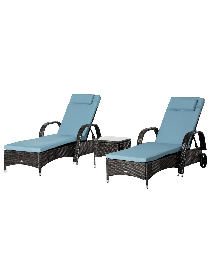 Outsunny 3 Piece Outdoor Furniture Set, 2 Reclining Chaise Lounge Chairs, Rolling Wheels, Armrests, Headrests, Thickly Cushioned, 1 Side Table