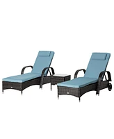 Outsunny 3 Piece Outdoor Furniture Set, 2 Reclining Chaise Lounge Chairs, Rolling Wheels, Armrests, Headrests, Thickly Cushioned, 1 Side Table