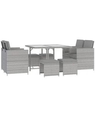 Outsunny 9-Piece Outdoor Pe Rattan Wicker Patio Dining Set, Cushions, 4 Armchairs