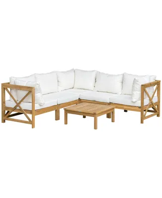 Outsunny Patio Conversation Furniture Set, Acacia Wood, 5 Seats, 6 Piece Outdoor Modular Sectional Sofa, Coffee Table, 3 Corner Segments, 2 Chair Segm