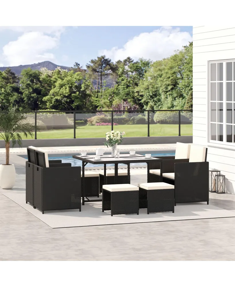 Outsunny 9 Piece Patio Wicker Dining Sets, Space Saving Outdoor Sectional Conversation Set, with Dining Table, Ottoman and Chair & Cushioned for Lawn