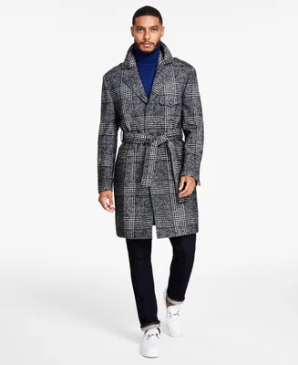 Tayion Collection Men's Classic-Fit Plaid Self Belted Wool Blend Overcoats