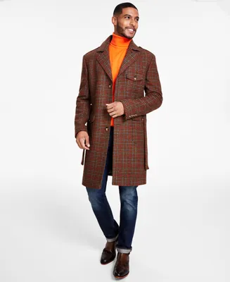 Tayion Collection Men's Classic-Fit Plaid Self Belted Wool Blend Overcoats