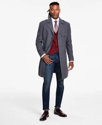 Tayion Collection Men's Classic-Fit Plaid Self Belted Wool Blend Overcoats
