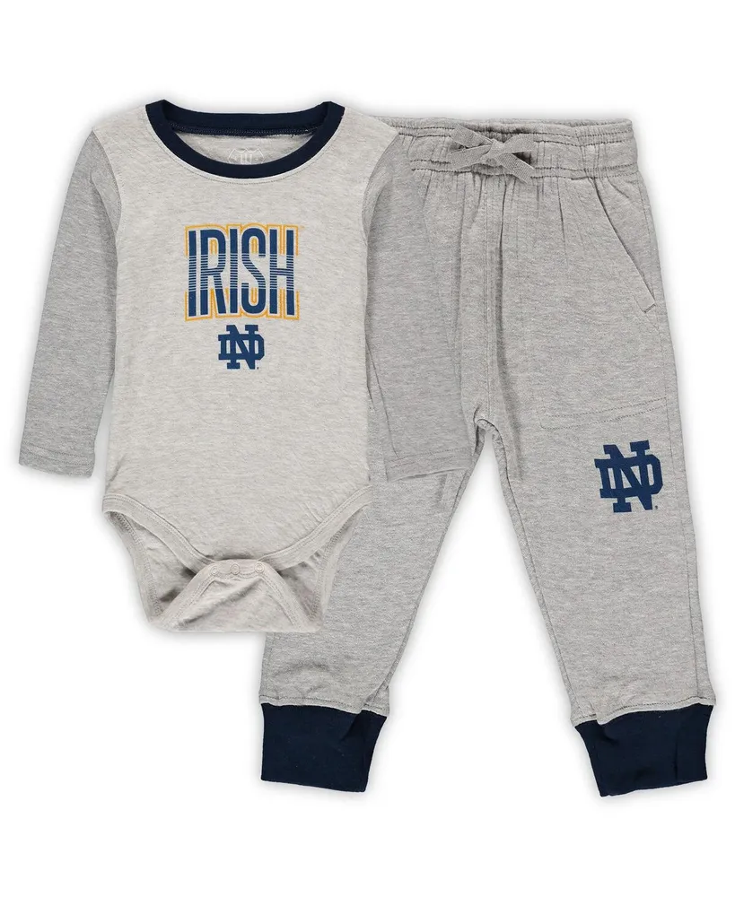 Infant Boys and Girls Wes & Willy Heathered Gray, Navy Notre Dame Fighting Irish Jie Long Sleeve Bodysuit Pants Set