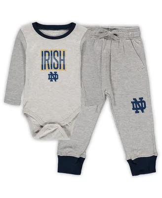 Infant Boys and Girls Wes & Willy Heathered Gray, Navy Notre Dame Fighting Irish Jie Long Sleeve Bodysuit Pants Set