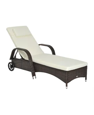 Outsunny Reclining Chaise Lounge Chair, Thickly Cushioned, Headrest, Armrests, Rolling Outdoor Plastic Rattan Sun Bathing Chair with Wheels for Poolsi