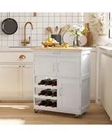 Homcom Kitchen Island on Wheels, Rolling Kitchen Cart with Drawer, 9-bottle Wine Rack, Storage Cabinets, Wooden Countertop, White