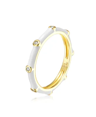 Rachel Glauber Ra 14k Yellow Gold Plated with Cubic Zirconia Creme Enamel Bamboo Kids/Young Adult Stacking Ring