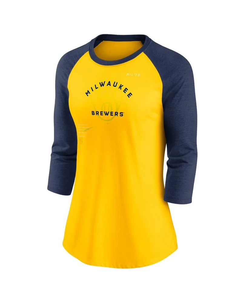 Women's Nike Gold, Navy Milwaukee Brewers Next Up Tri-Blend Raglan 3/4-Sleeve T-shirt