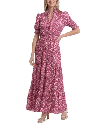 London Times Petite Ruffled-Neck Floral Maxi Dress