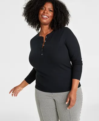 On 34th Plus Ribbed Long-Sleeve Henley Top, Created for Macy's