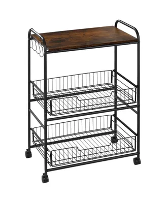 Homcom 24" 3-Tier Rolling Kitchen Cart, Utility Storage Trolley with 2 Basket Drawers, Side Hooks for Dining Room