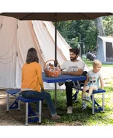 Outsunny Portable Picnic Table Set, Folding Camping Table with Four Chairs and Umbrella Hole, 4-Seats Aluminum Camping Chair with Table, Blue