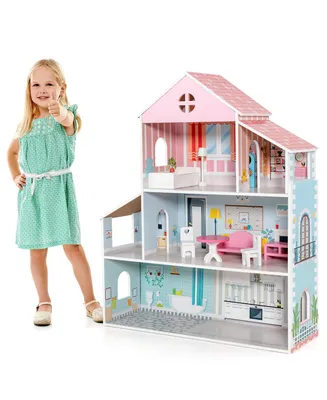Wooden Dollhouse For Kids 3-Tier Toddler Doll House W/Furniture Gift For Age 3+