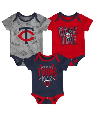 Newborn and Infant Boys Girls Minnesota Twins Navy, Red, Heathered Gray Game Time Three-Piece Bodysuit Set