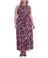 London Times Plus Size Halter Ruched-Waist Maxi Dress